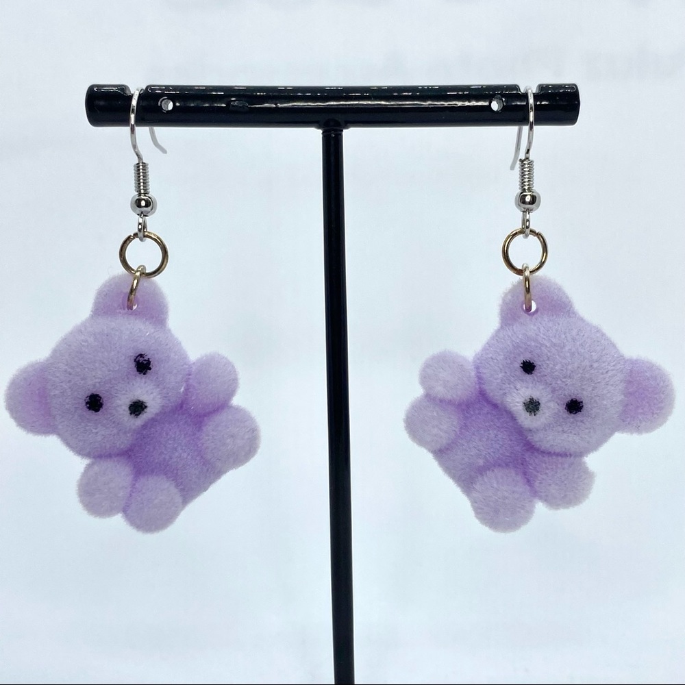 Fuzzy purple teddy bear earrings